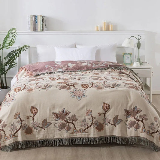 Orquídea: Elegante manta de algodón con patrón de flores Jacquard y flecos – para dormitorio y sala de estar