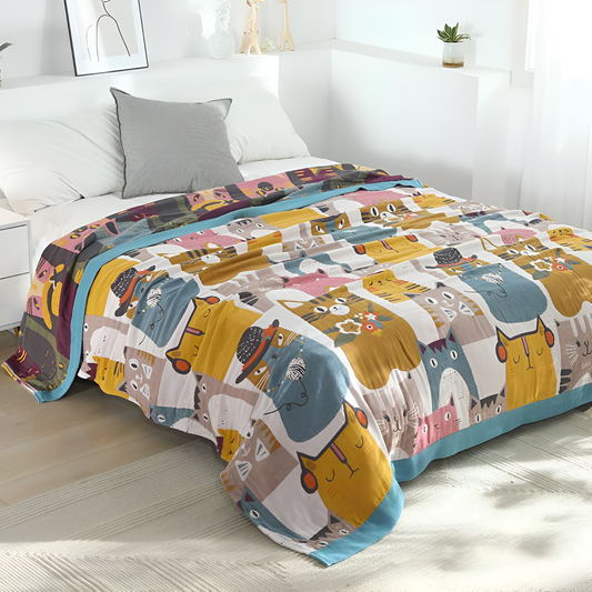 PfotenZauber: Mantas de algodón con un encantador motivo de gato y un diseño reversible versátil – para dormitorio y sofá