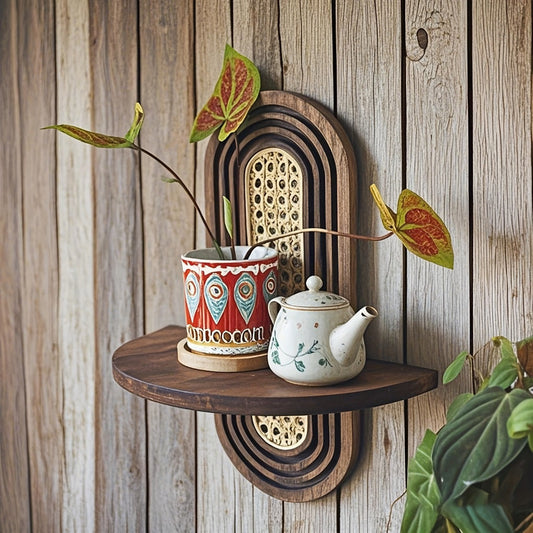 RattanBogen: Estante de pared de madera – decorativo, flotante y colgante con respaldo de ratán en estilo boho para sala de estar y dormitorio