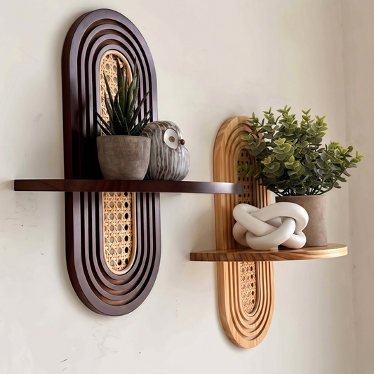 RetroRattan: Estante de pared de madera – decorativo, flotante y elegante en diseño Boho para sala de estar y dormitorio
