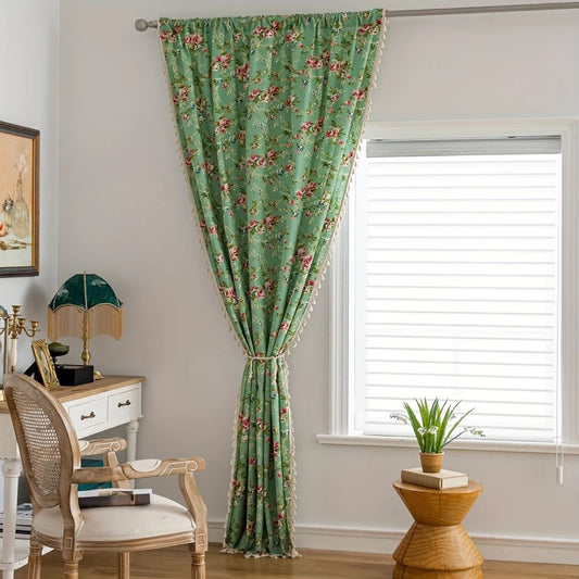 RosengartenGrün: Cortina con patrón de rosas y borlas – semitransparente y decorativa para sala de estar y dormitorio