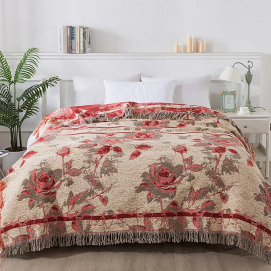 Rosenholz Anmut: Elegante manta de algodón con diseño jacquard de flores y ligera textura – para sofá y dormitorio