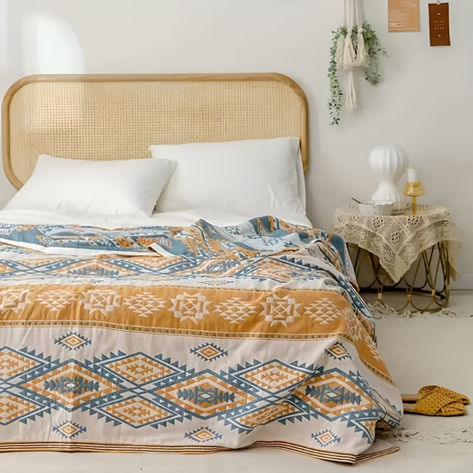 RuhigerBoho: Manta de algodón acogedora con jacquard geométrico y estilo boho – para sofá y cama