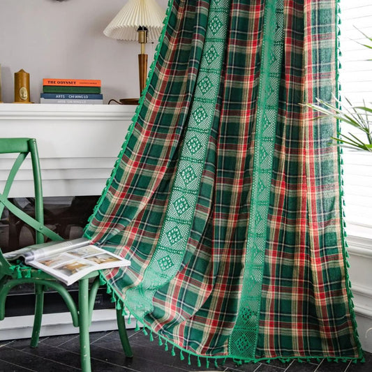 RustikalerTartan: Cortina a cuadros con borde de encaje – semitransparente y decorativa para cocina y sala de estar