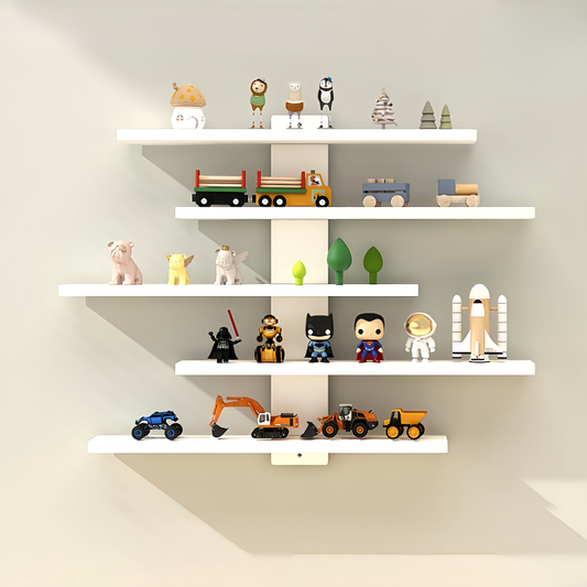 SammlerStil: Estanterías modernas de pared – ajustables, robustas y flotantes para figuras, bloques de construcción y objetos de colección en la sala de estar