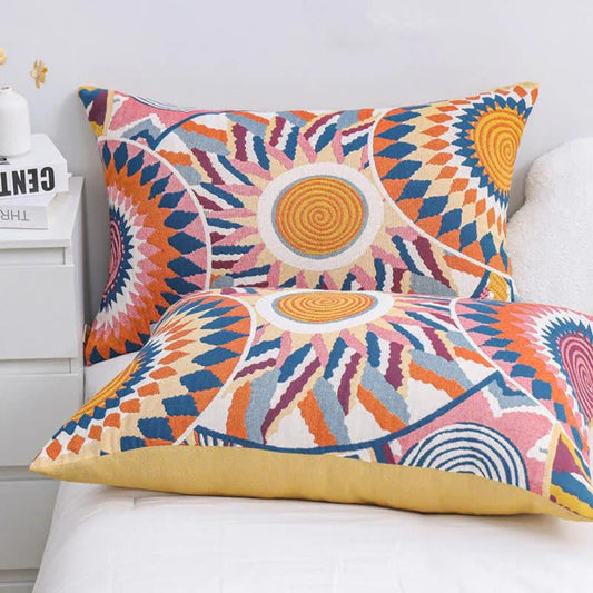 SkandiSonne: Funda de cojín con botones y estampado de sol – decorativa y cómoda para el dormitorio (2 piezas)