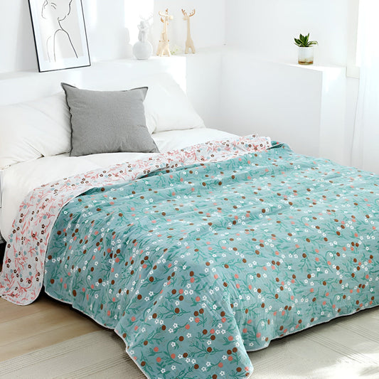 SommerBlatt: Mantas de algodón de gasa de cuatro capas con estampado floral y de hojas – para dormitorio y sofá