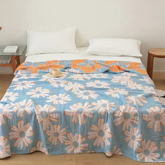 SommerWiese: Manta de algodón acogedora con estampado de margaritas y gasa de 4 capas – para sofá y cama