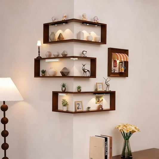 StilEcke: Estantes de pared decorativos – 3 piezas, multifuncionales y flotantes de madera con función de iluminación para la sala de estar