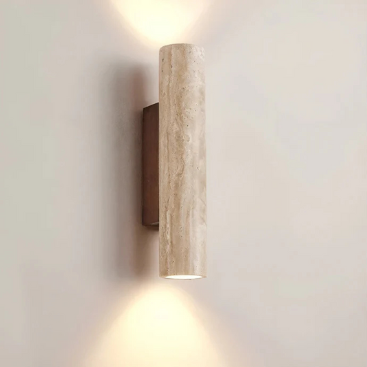 TravinoLux: Lámpara de pared moderna de cilindro de mármol travertino y madera, LED de 2 llamas – para sala de estar y pasillo