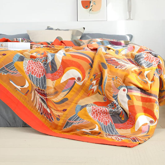 TropicaLoom: Manta de algodón con diseño tropical de tucán y textura ligera – para sofá y dormitorio