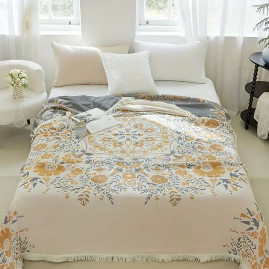 VersaillesBlühen: Manta de algodón acogedora con aspecto jacquard floral y uso reversible – para sofá y dormitorio