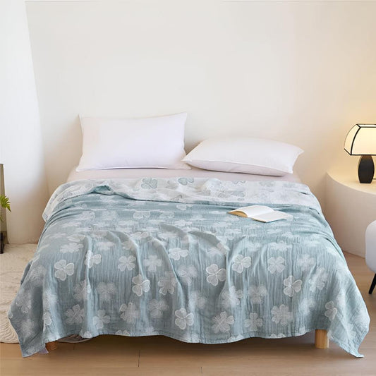Cuatro Tréboles: Manta de algodón orgánico con estructura de gasa de 3 capas – para dormitorio y sala de estar