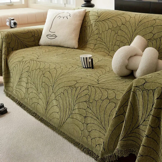 WedelEleganz: Funda de sofá en diseño de hojas Jacquard de algodón y poliéster con diseño reversible – para sofá y sala de estar