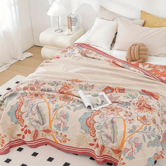 Weinblüte: Elegante manta de algodón con diseño floral reversible y estructura transpirable – para cama y espacios de vida modernos