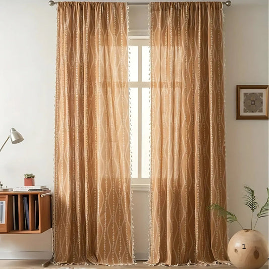 WeizenZauber: Cortina con diseño bordado y borlas – decorativa en estilo rústico