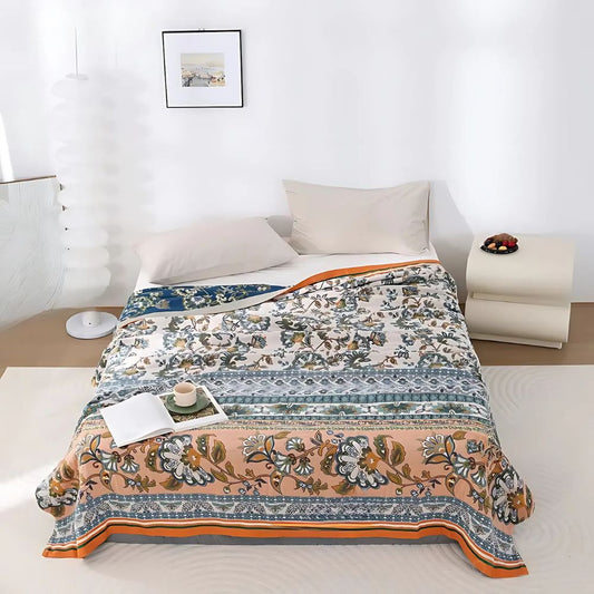 Wiesenglück: Manta ligero de algodón en estilo Boho con diseño floral – para áreas de estar y dormir