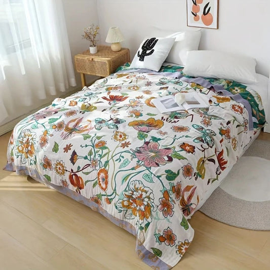 WildeBlüte: Manta decorativo de algodón con motivo de flores y mariposas – para dormitorio y sala de estar