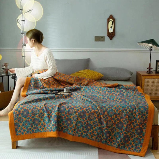 Zitrus-Sonnenaufgang: Manta de algodón orgánico de seis capas con un patrón colorido y textura suave – para dormitorio y sala de estar