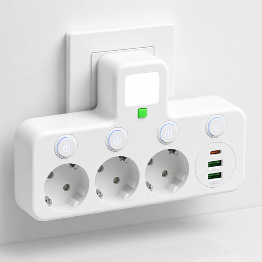 Regleta de enchufes con 3 enchufes | Regleta múltiple con USB y interruptor | PowerGrid